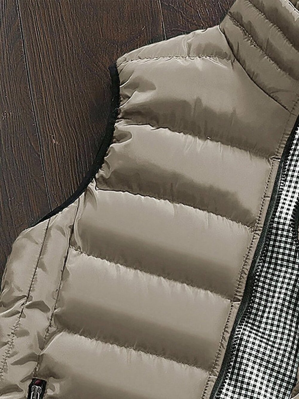 Khaki Regular Fit Men's Letter Drawstring Zipper Lined Sleeveless Vest - Picture 4 of 6